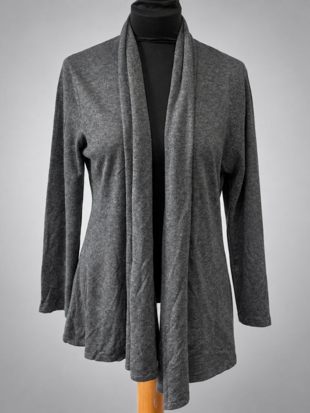 AUGUST SILK Cardigan SZ XL Silk Blend Gray Open Front Roll Neck Asymmetrical Hem